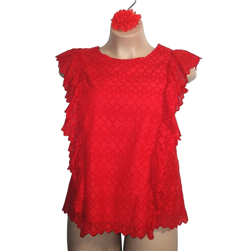Ralph Lauren Women Top 2X Red Embroidered Eyelet Ruffle Holiday Cotton Xmas $135